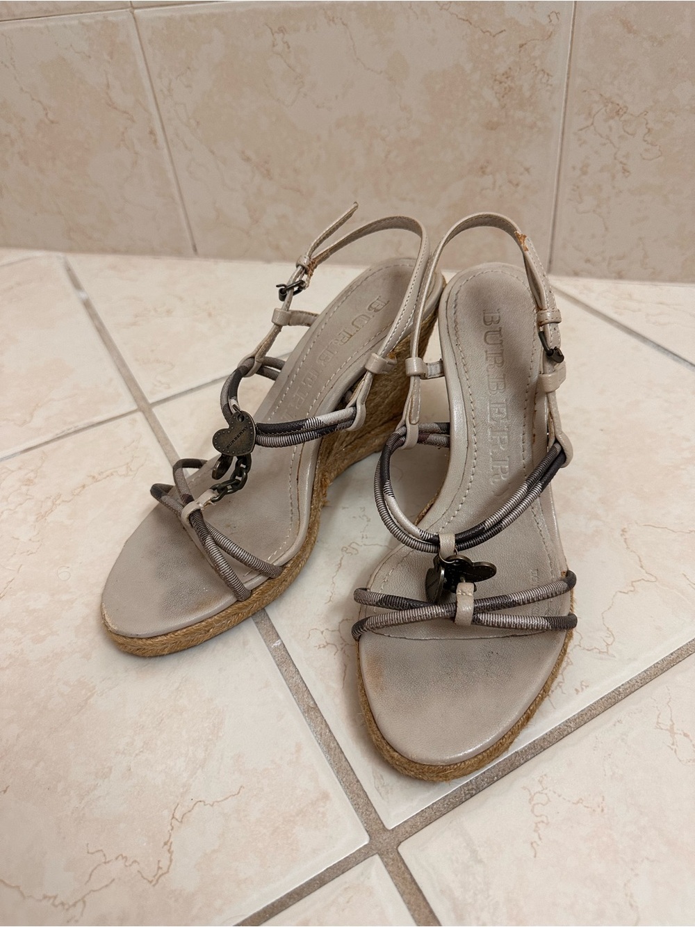 Burberry Women’s Taupe Wedge Sandals with Heart Accent